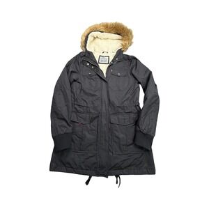 Levi Parka Womens M Black Sherpa Lined Faux Fur Hood Utility Jacket Coat FB074